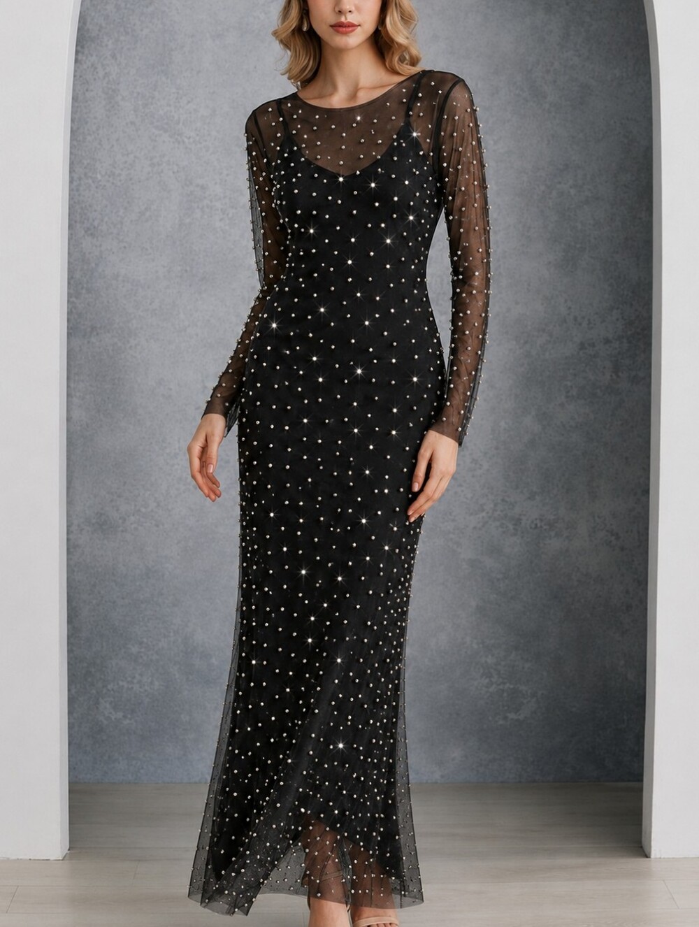 Pearl And Rhinestone Embellished Mesh Satin Slip Maxi Dress